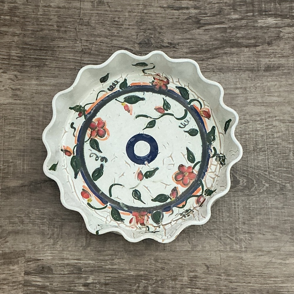 Vintage Handmade Hand Painted Studio Pottery Floral Dish Signed Folk Art 9 Inch